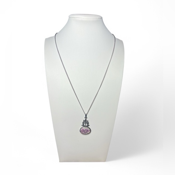 Jewelry - Vintage‎ Violet Hand Painted Porcelain Necklace 23" Drop Botanical Silver Tone